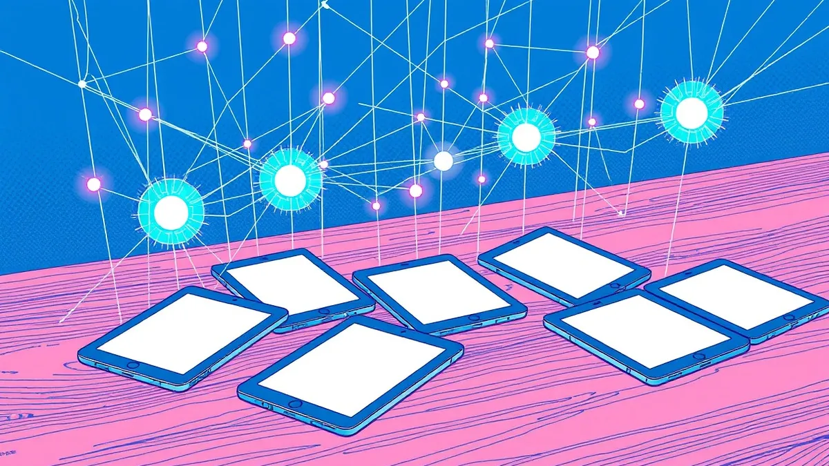 Illustration: A translucent wireframe net hangs above a cluster of generic tablet devices lying on a wooden table.