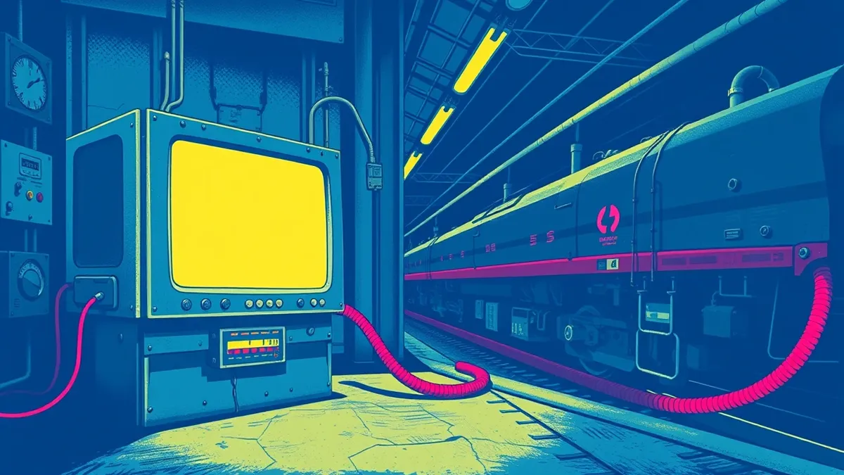 Illustration: An old industrial control panel sits in a dim train maintenance bay, its blank screen reflecting the yellow warning lights above.