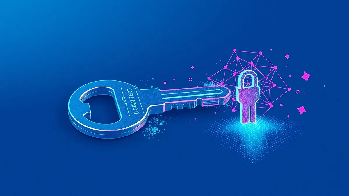 Illustration: A sleek metallic key rests on a dark surface, its edges glowing with soft blue light as it slowly dissolves into digital fragments.