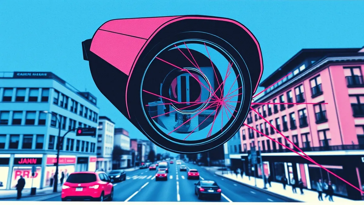 Illustration: A sleek black camera lens hovers above a city street, capturing blurred motion of passing vehicles and pedestrians below.