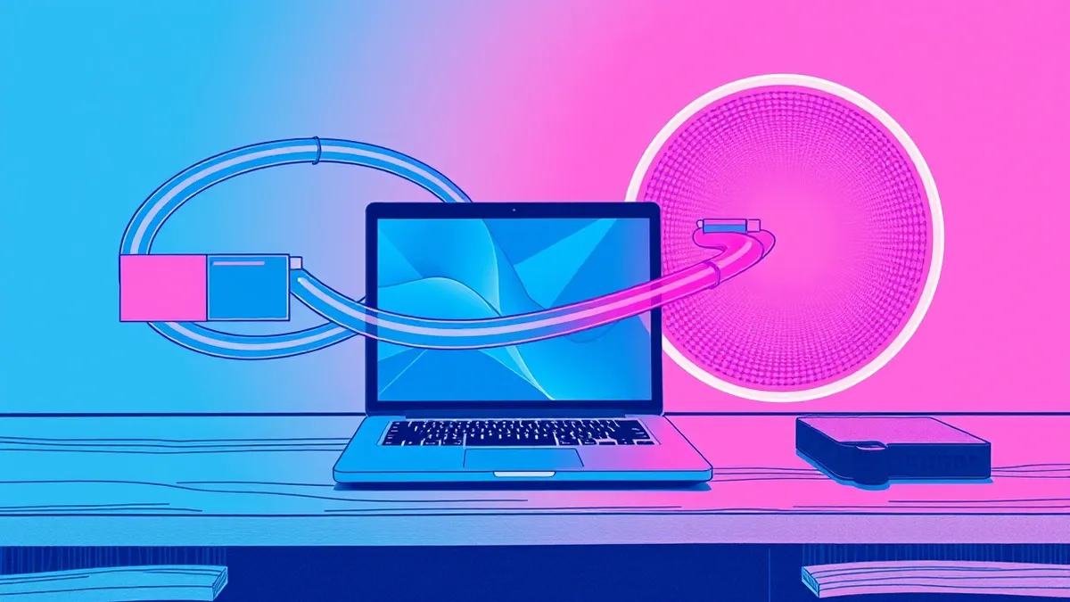 Illustration: A laptop sits on a wooden desk, its screen showing abstract geometric shapes.