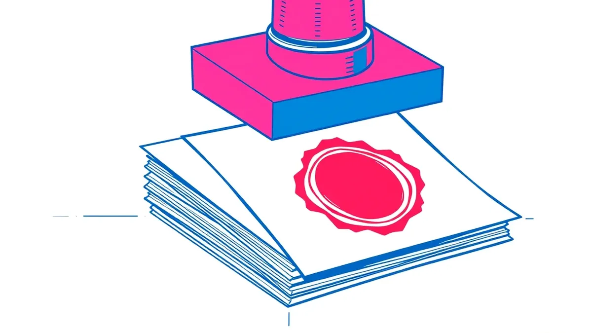 Illustration: A large, heavy industrial stamp presses down on a stack of white paper documents.