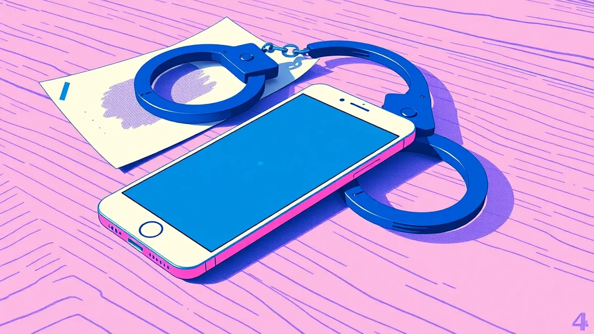 Illustration: A sleek white smartphone rests on a wooden table, its blank screen displaying a single abstract blue dot.