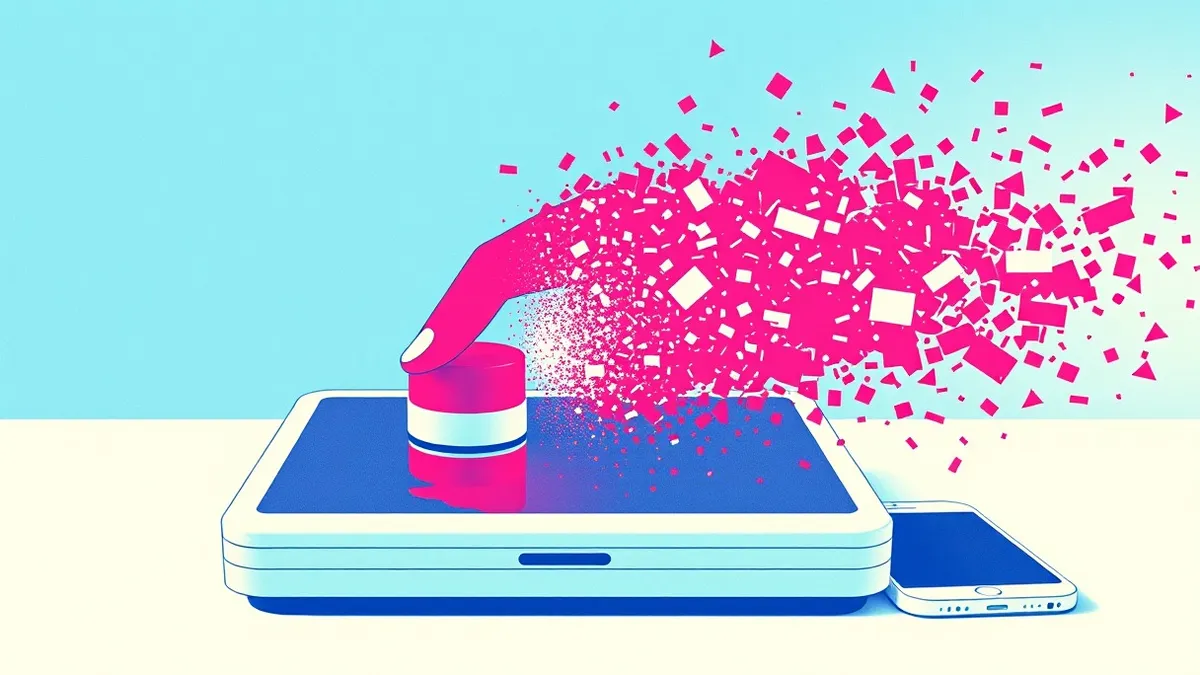 Illustration: A hand presses a red button on a sleek white device, triggering a cascade of digital fragments that dissolve into empty space.