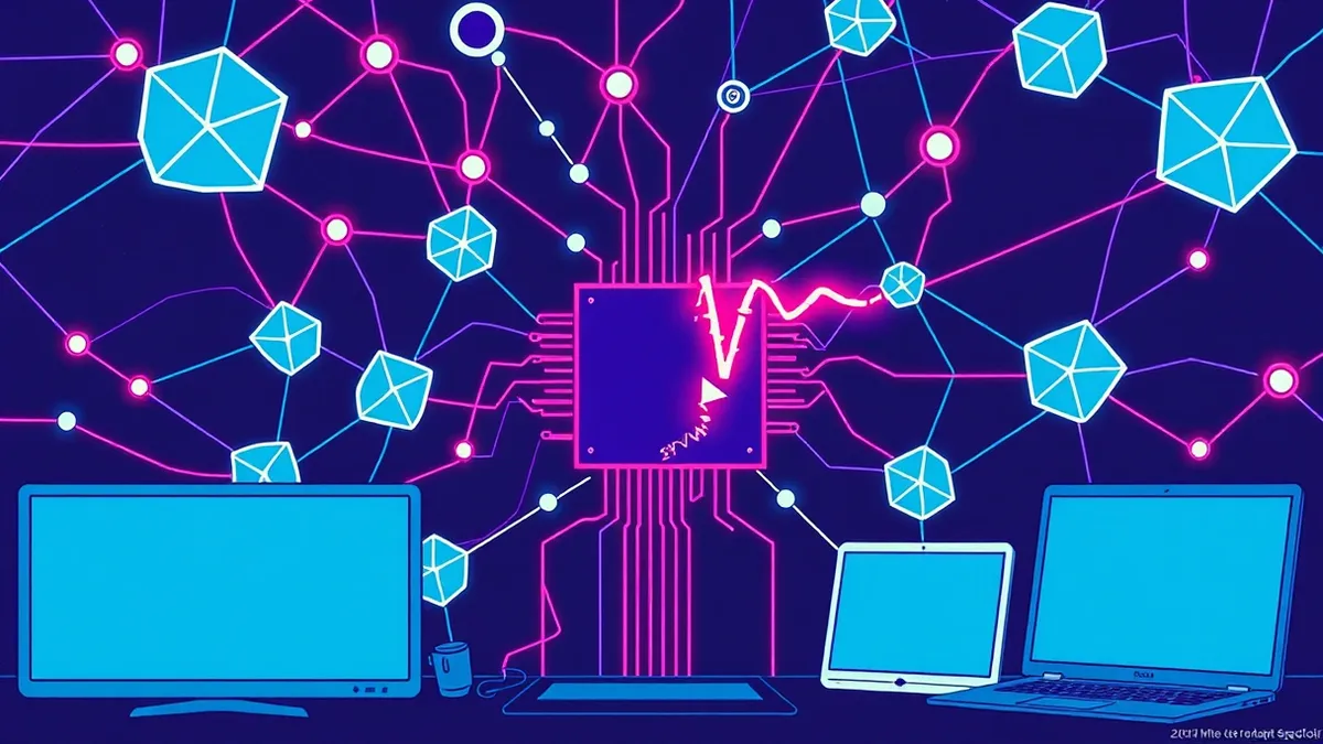 Illustration: A tangled web of glowing geometric shapes connects to a central, fractured module inside a dark digital void.