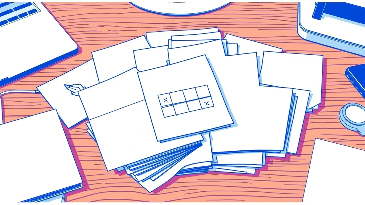 Illustration: A flat pile of blank white cards sits on a wooden desk.