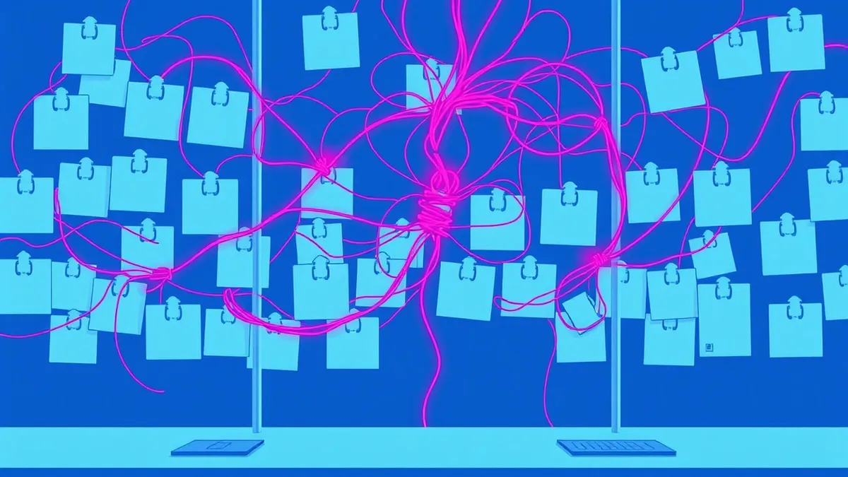 Illustration: A tangled web of glowing threads connects multiple blank profile cards on a large glass wall.