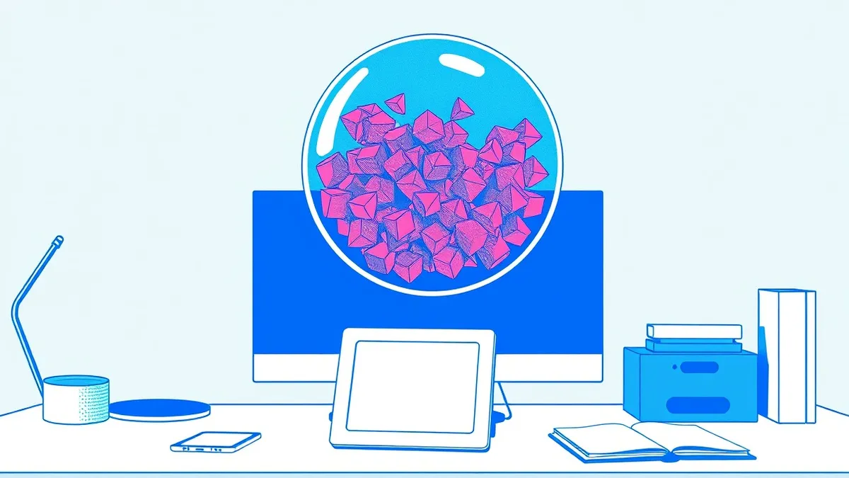 Illustration: A transparent glass sphere floats above a modern desk, trapping swirling clouds of colorful geometric shapes inside.