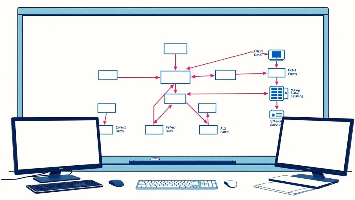 Illustration: A whiteboard displays a complex flowchart with blank nodes and directional arrows connecting them.