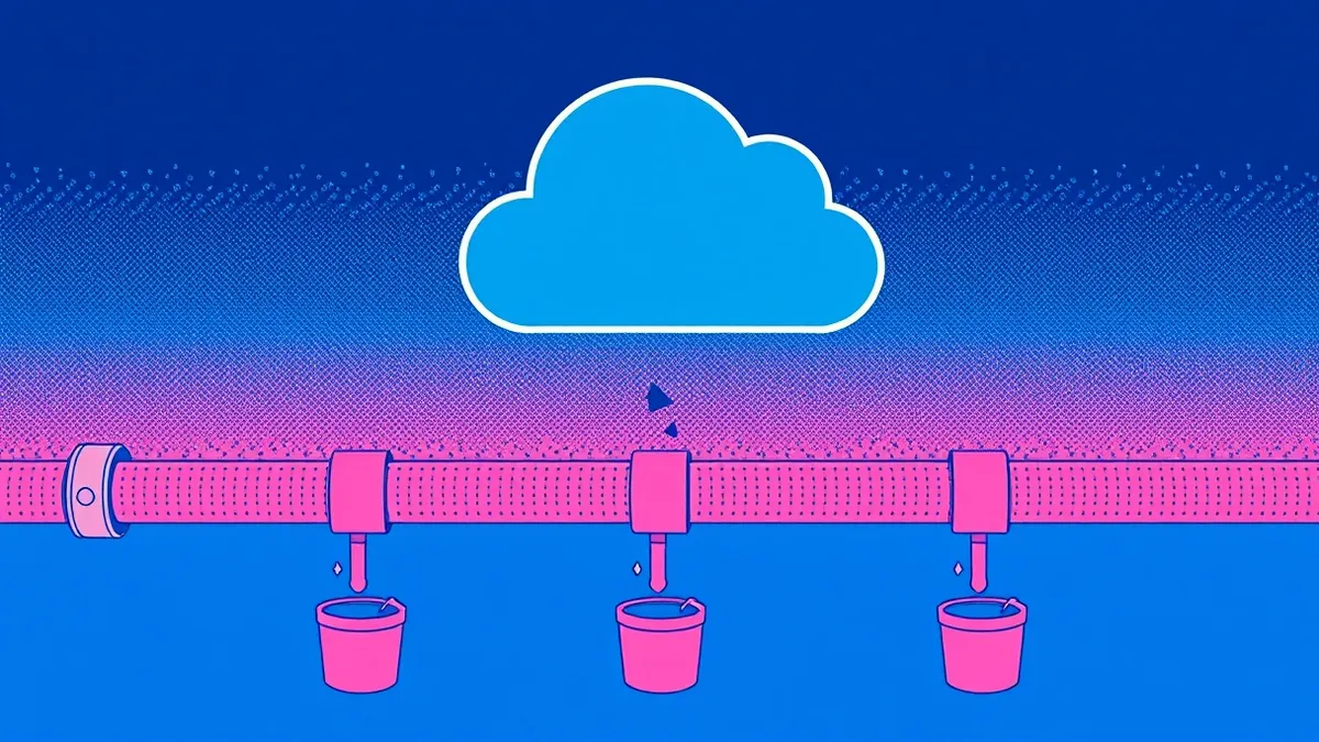 Illustration: A blank cloud icon floats above a series of empty, disconnected data pipes.