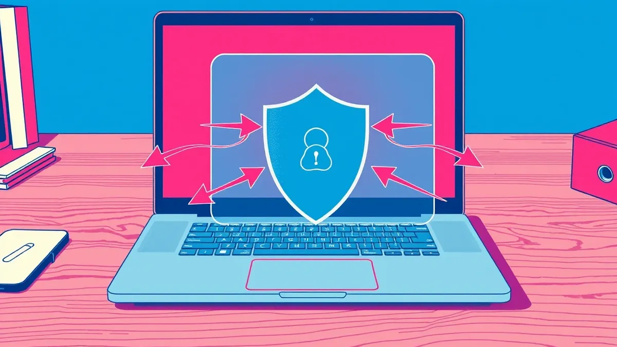 Illustration: A sleek laptop sits open on a wooden desk, its screen displaying a bright red warning icon.