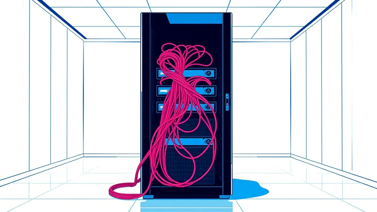 Illustration: A sleek black server rack stands in a sterile white room, its front panel open to reveal tangled red cables spilling out toward a nearby storage drive.