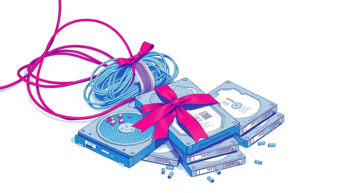 Illustration: A tangled knot of fiber optic cables sits beside a neatly stacked row of identical hard drives.