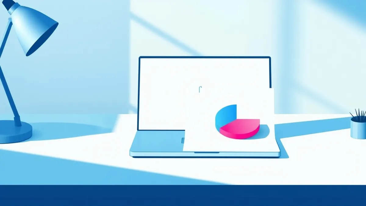 Illustration: A sleek, modern desk holds a blank, closed laptop beside a simple pie chart on white paper.