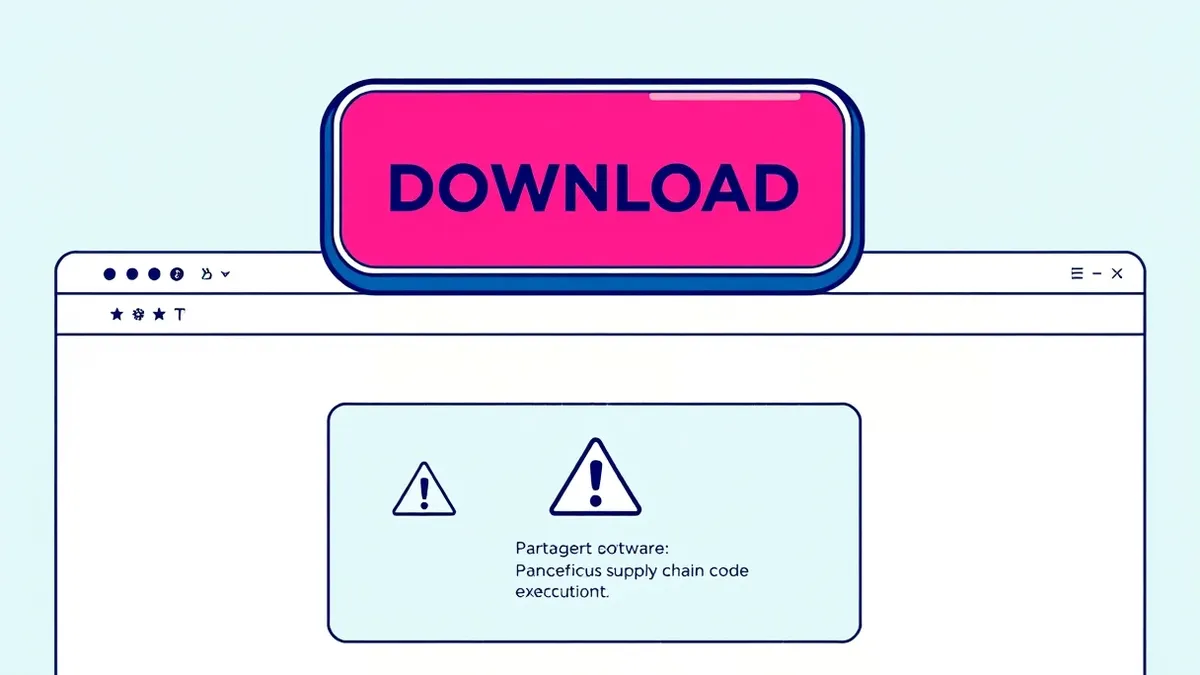Illustration: A generic software download button sits on a blank webpage interface, hovering over a subtle warning triangle icon embedded in the package metadata box below, highlig