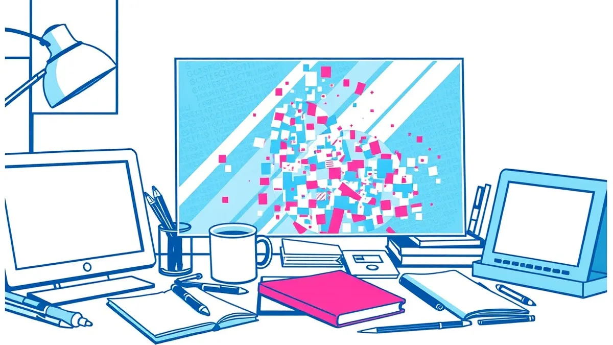 Illustration: A transparent glass windowpane floats above a cluttered desk, catching the reflection of various scattered items like a coffee mug, a notebook, and a pen.