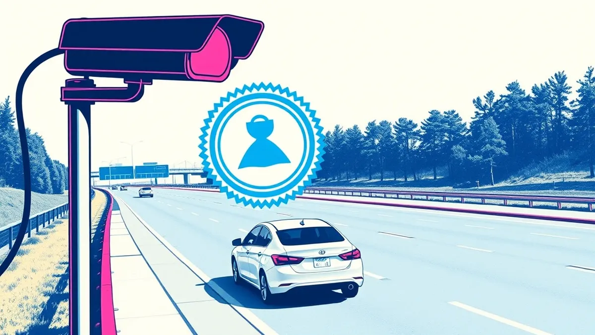 Illustration: A black automated license plate reader camera mounts on a metal pole beside a highway.
