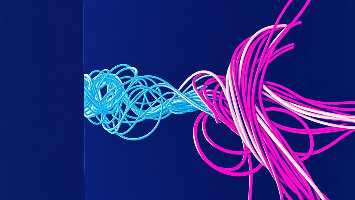 Illustration: A tangled knot of thin, translucent blue wires emerges from a dark, shadowy corner and weaves seamlessly into a bundle of bright, orderly white cables, hiding the mal