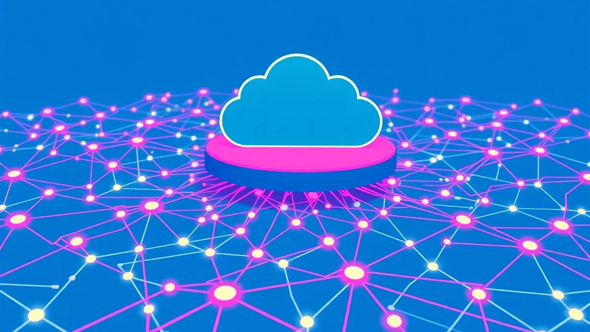 Illustration: A floating cloud icon sits above a tangled web of glowing lines and geometric shapes.