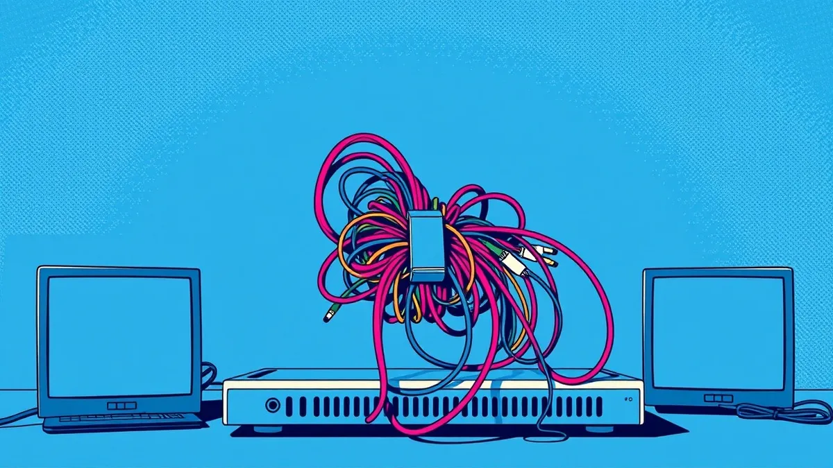 Illustration: A tangled knot of colorful wires connects to a blank router, straining against a tight metal clamp that restricts the flow.