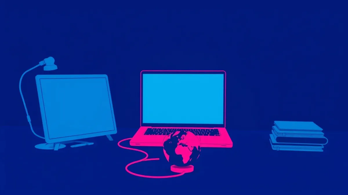 Illustration: A solitary laptop sits on a dark, empty desk, its screen emitting a cold blue glow.