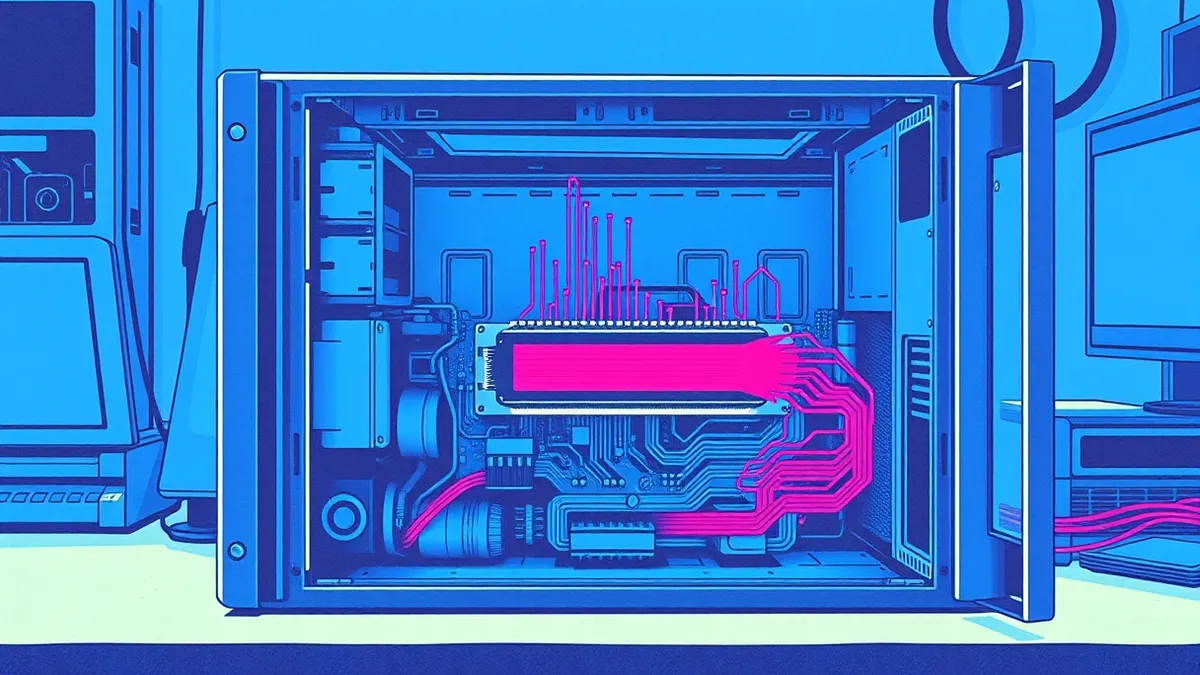 Illustration: A sleek server chassis sits open on a workbench, its internal circuitry exposed under cool blue light.