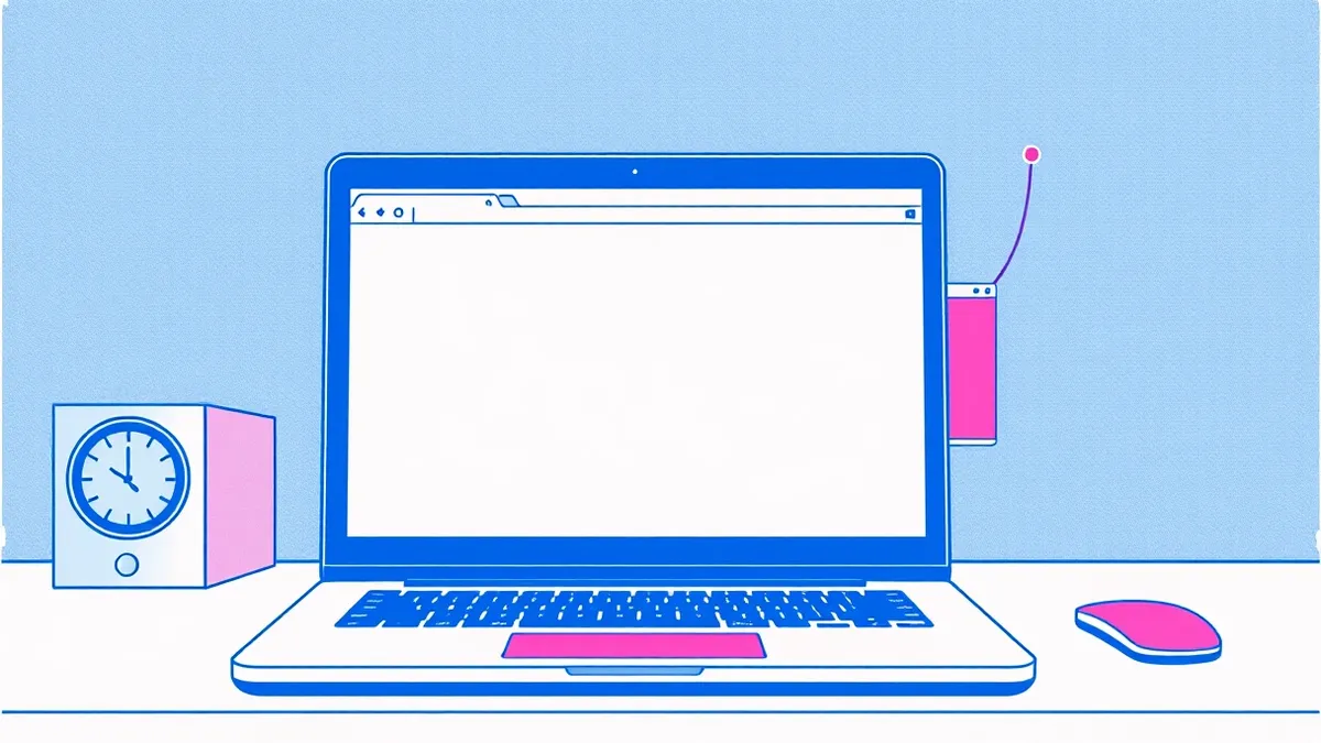 Illustration: A sleek laptop sits on a desk, its screen displaying a blank web browser window.
