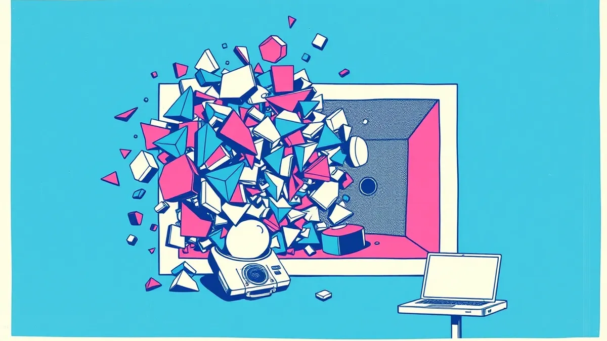 Illustration: A tangled mass of distorted geometric shapes pours into a sleek digital input port.