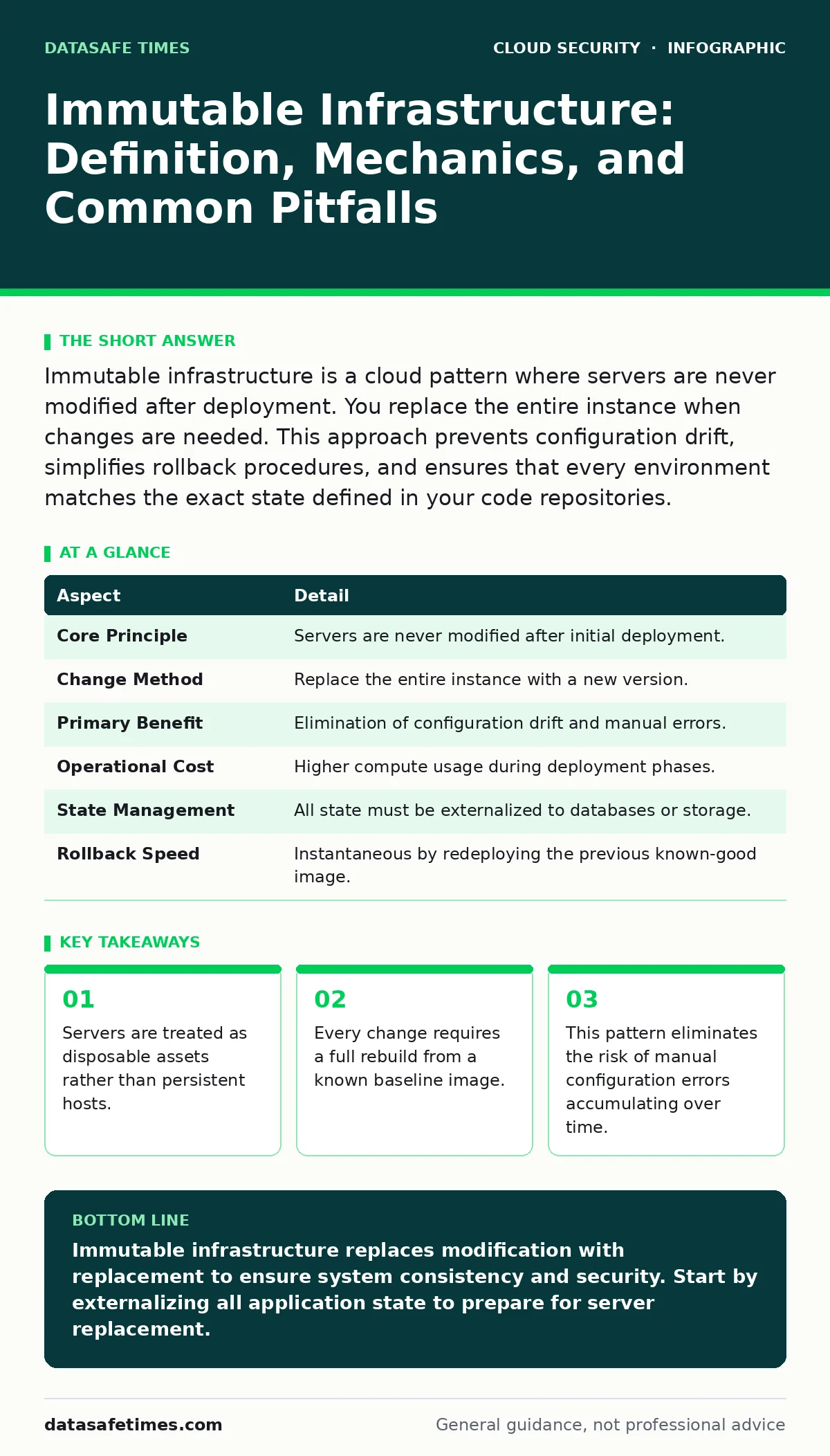 Infographic: Immutable Infrastructure: Definition, Mechanics, and Common Pitfalls. Servers are treated as disposable assets rather than persistent hosts. Every change requires a full rebuild from a known baseline image. This pattern eliminates the risk of manual configuration errors accumulating ove