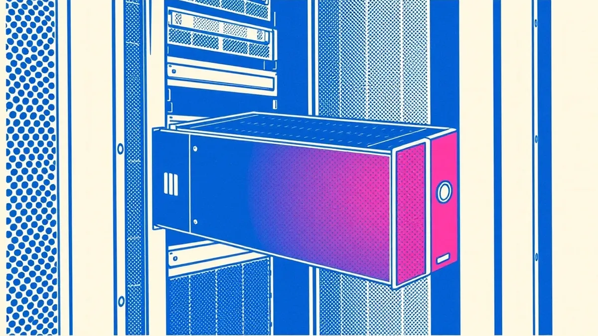 Illustration: A pristine server blade slides out from a rack while an identical replacement unit simultaneously slides into the empty slot, illustrating the concept of immutable in