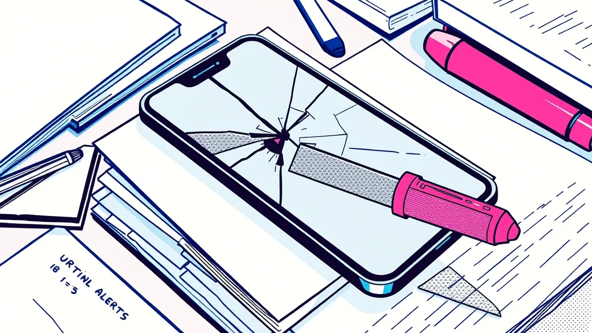 Illustration: A cracked smartphone screen sits beside a stack of blank, white sticky notes on a cluttered desk.