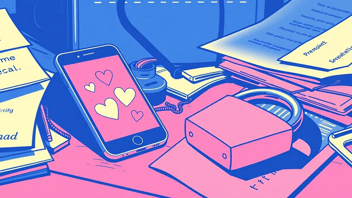 Illustration: A glowing smartphone rests on a cluttered desk, its screen displaying abstract heart-shaped icons and soft warm colors.