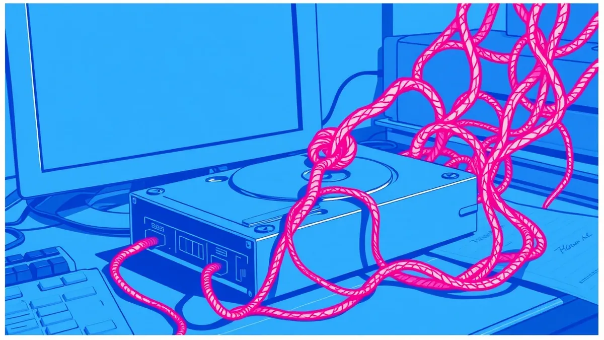 Illustration: A sleek silver hard drive rests on a cluttered desk beside a blank computer monitor.