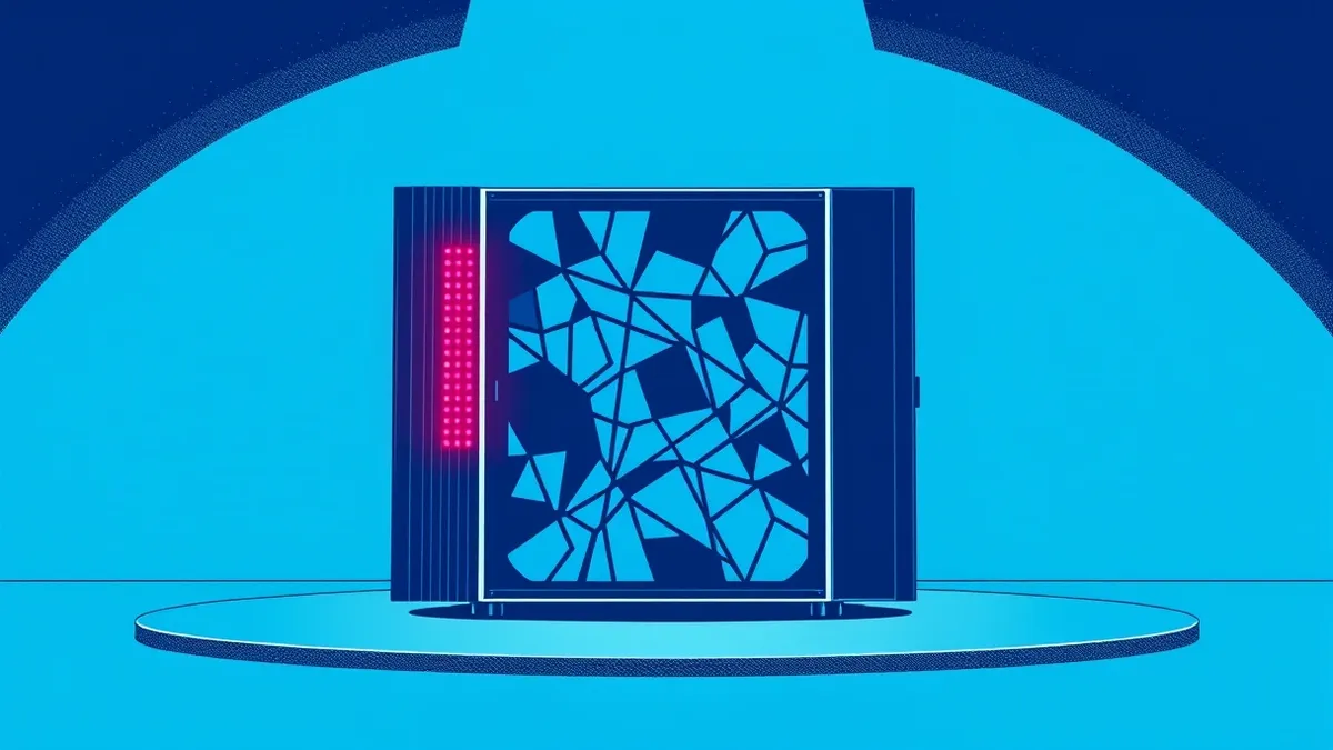 Illustration: A sleek black server chassis sits on a polished stage, its front panel displaying abstract blue geometric patterns.