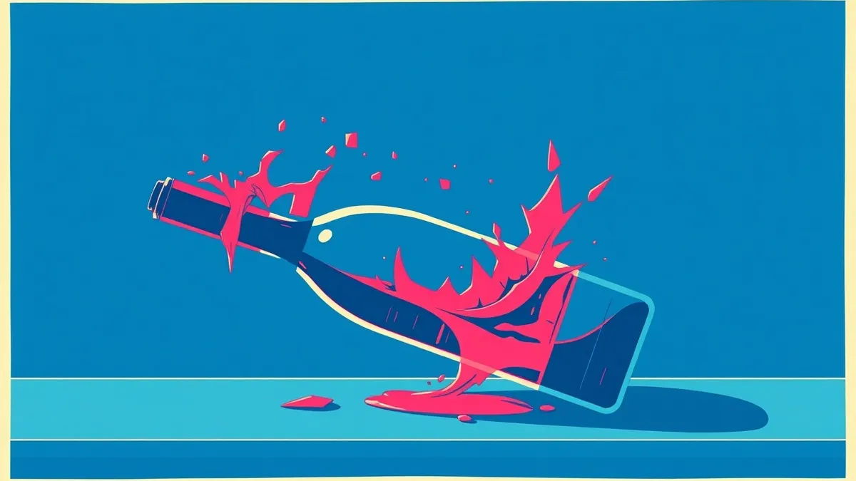 Illustration: A stylized wine bottle sits tilted on a digital surface, its cork popping out violently.