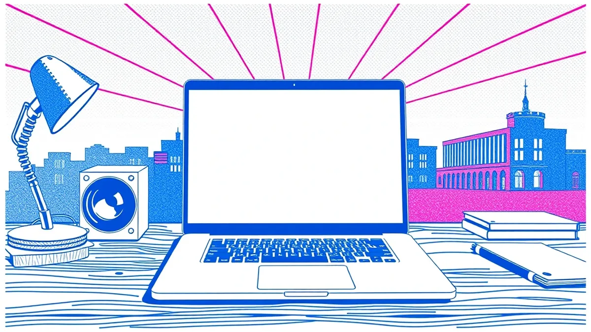 Illustration: A sleek laptop sits on a wooden desk with its screen displaying a blank web browser window.