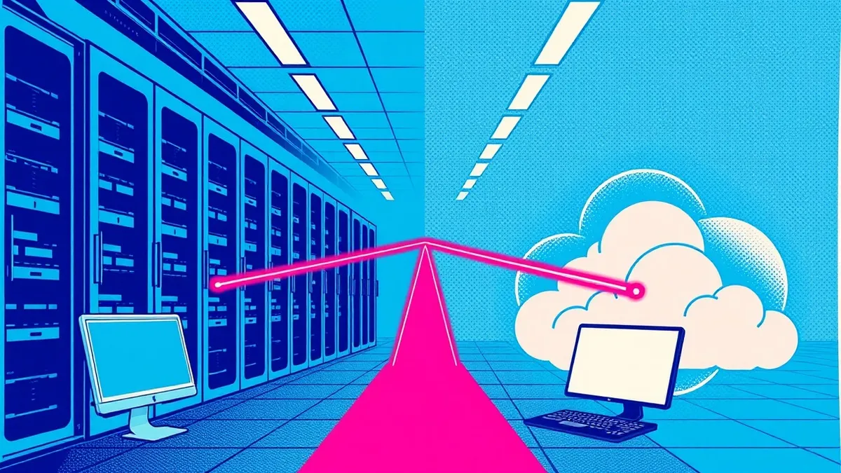 Illustration: A split view shows a sleek server room on the left and abstract cloud shapes on the right, connected by a single continuous red laser beam that cuts through both spac