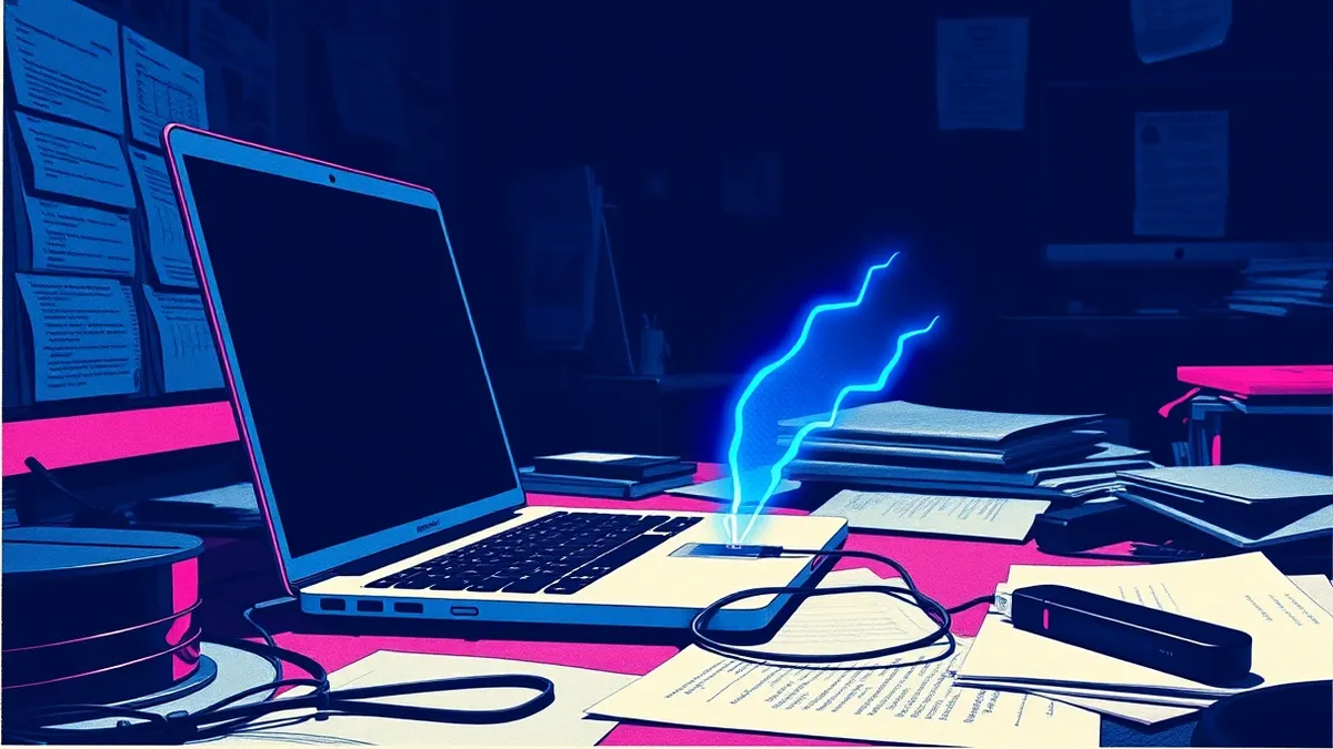 Illustration: An open laptop sits on a messy desk inside a dimly lit office.