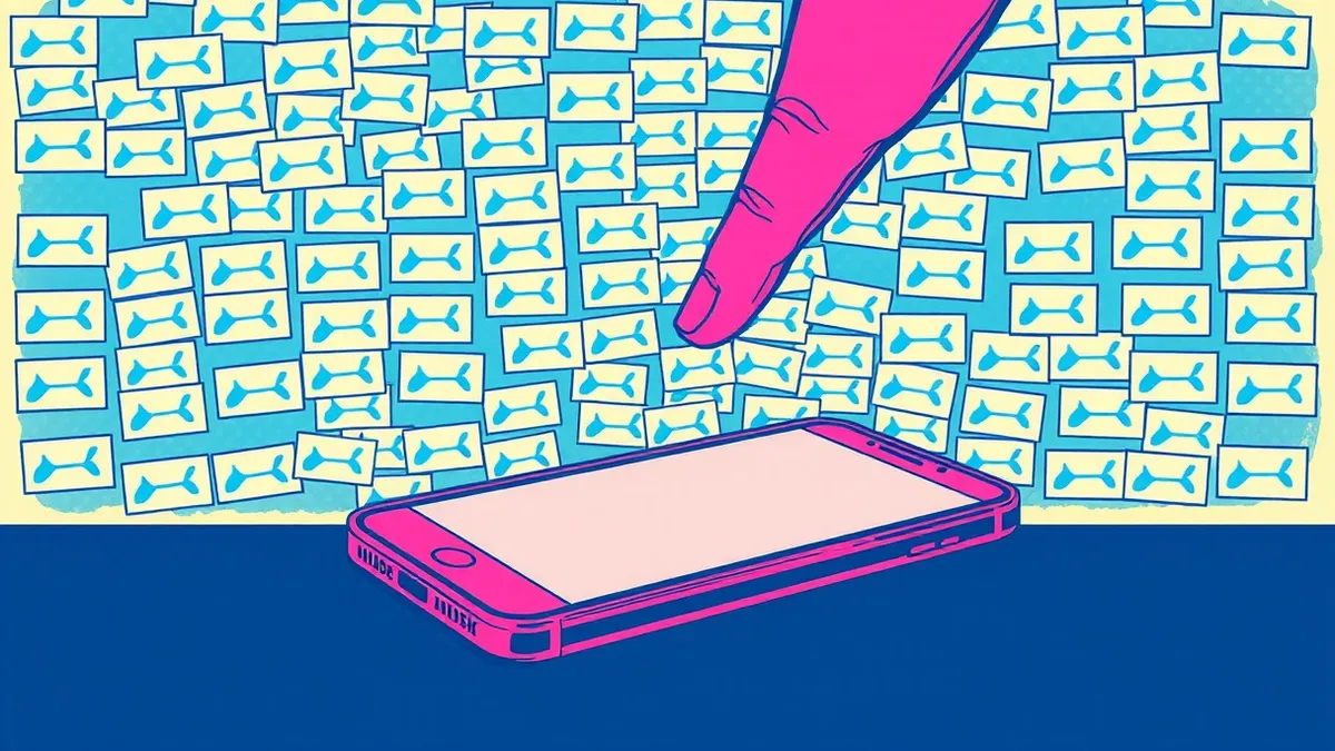Illustration: A smartphone rests on a desk while its screen flashes with a rapid stream of identical blank notification cards.