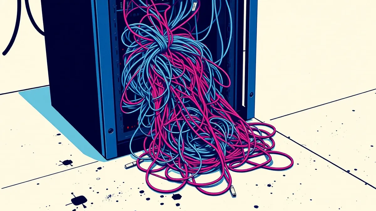 Illustration: A tangled nest of tangled wires and loose cables spills from a black server chassis onto a dusty concrete floor.