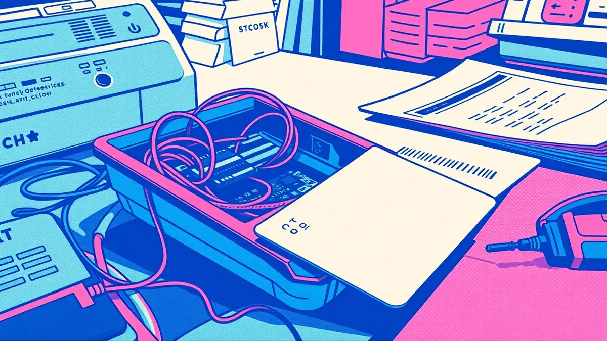 Illustration: A credit card reader sits on a cluttered checkout counter, its plastic casing cracked open to reveal tangled wires and a small black circuit board hidden inside.