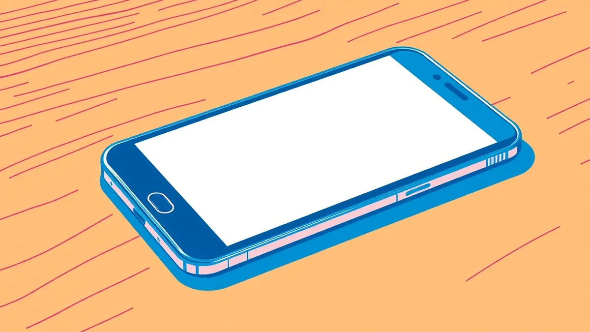 Illustration: A smartphone rests on a wooden table next to a physical security key.
