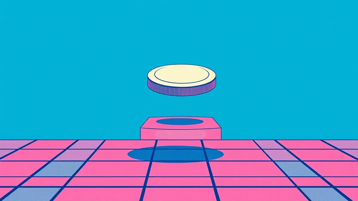 Illustration: A small, flat ceramic token with a smooth blank surface floats in midair above a grid of abstract geometric tiles.