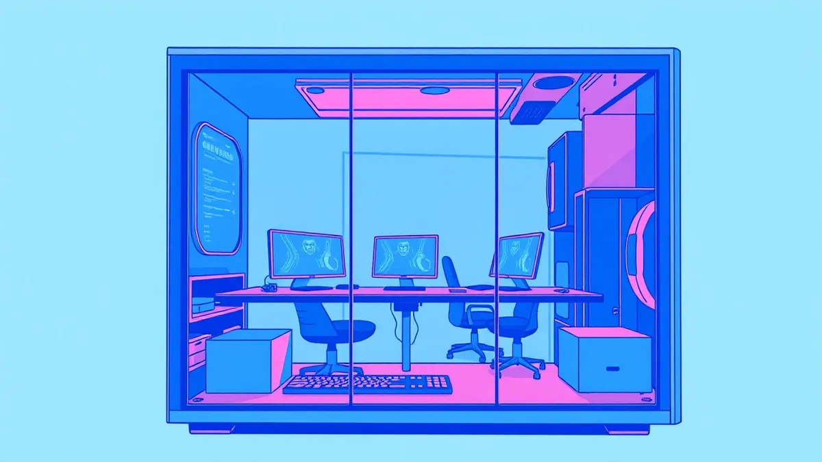 Illustration: An open-plan office constructed entirely from translucent glass panels sits inside a sleek desktop computer tower.