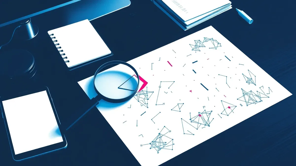 Illustration: A blank white paper sheet rests on a dark desk, covered in faint, chaotic geometric scribbles that resemble tangled code structures.