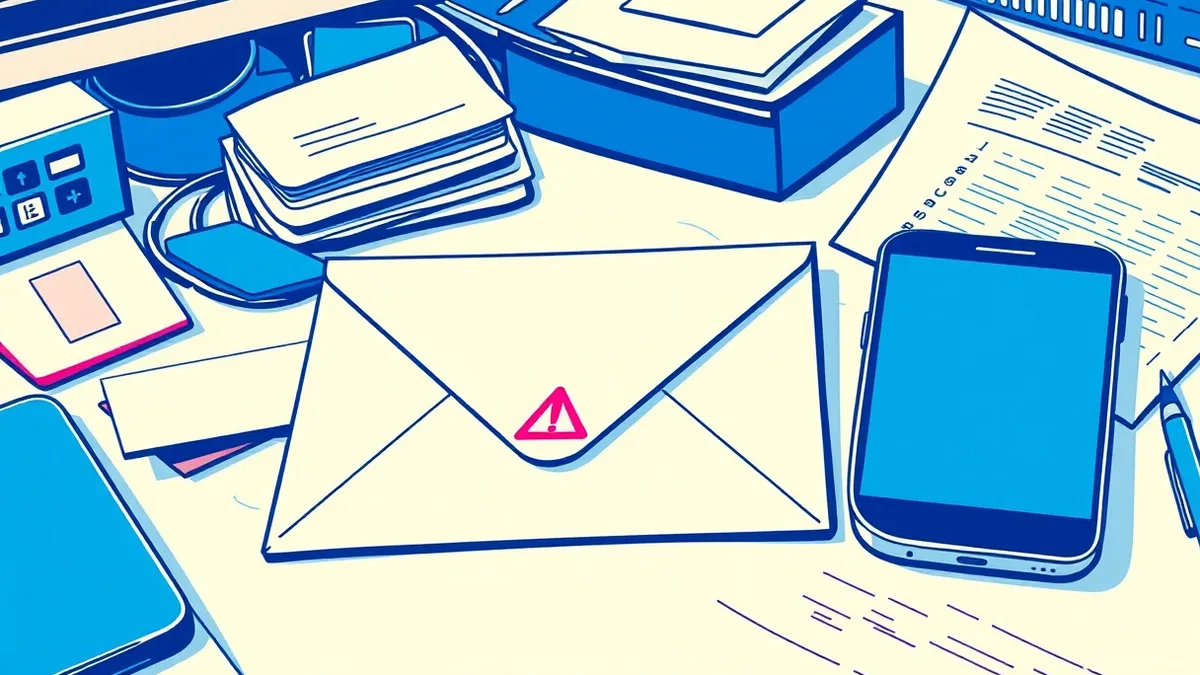 Illustration: A blank white envelope rests on a cluttered office desk next to a generic smartphone.