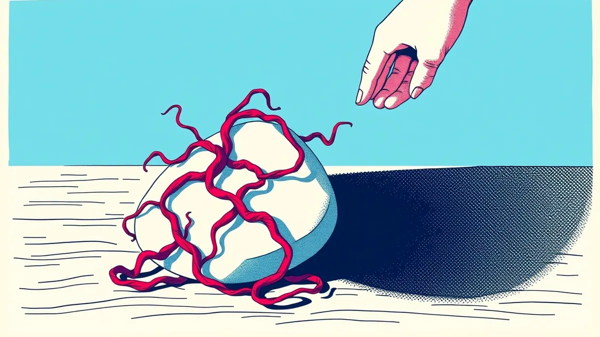 Illustration: A tangled red vine wraps around a smooth white stone, while a separate black shadow spreads silently across a blank wooden surface.