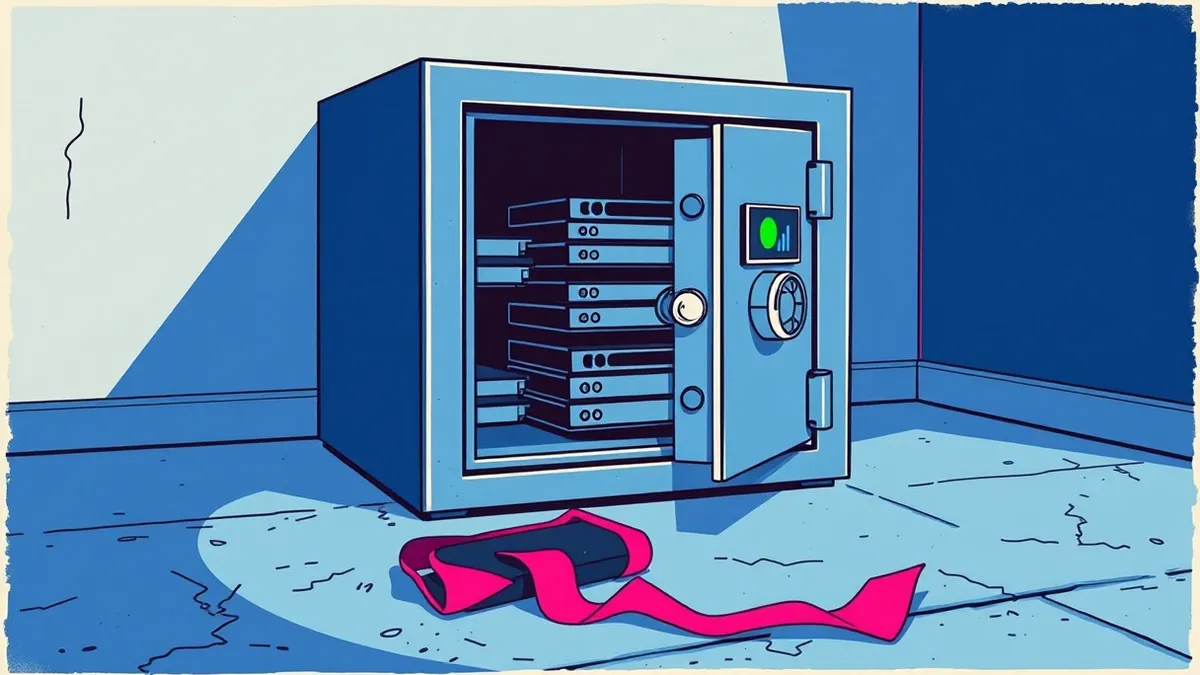 Illustration: A sturdy metal safe sits open on a concrete floor, revealing stacked hard drives inside.