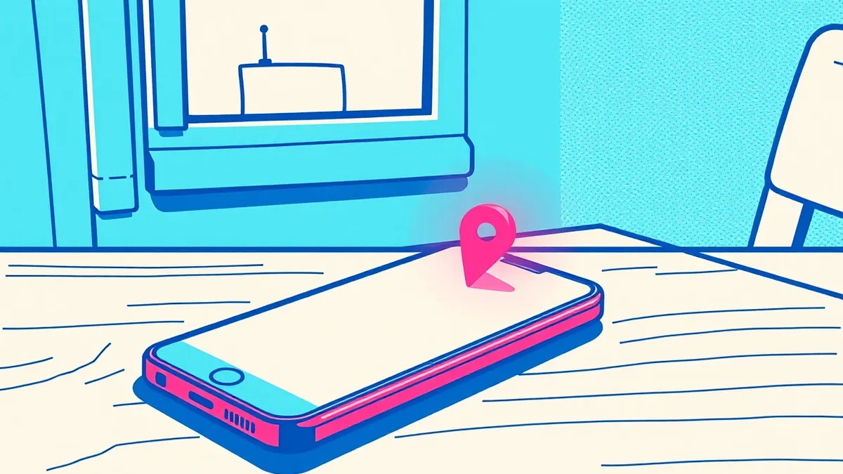 Illustration: A generic smartphone rests on a wooden table next to a small storefront window.