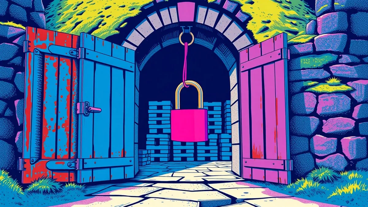 Illustration: An open rusted gate stands wide before a towering stone vault embedded in a mossy hillside.